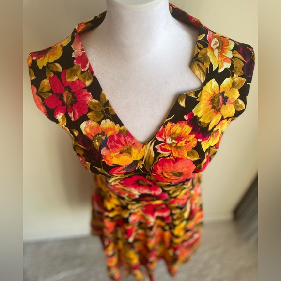 HEARTS AND ROSES SLEEVELESS FLORAL SWING DRESS, BLACK/PINK/ORANGE/YELLOW SZ 12 - Picture 8 of 14